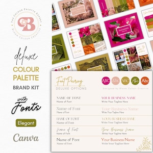 May include: A digital download for a deluxe colour palette brand kit with fonts. The kit includes a colour palette, font pairings, and a logo design. The colour palette features shades of pink, green, orange, and brown. The fonts are elegant and modern. The logo is a stylized letter B with a floral design.