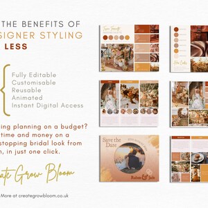 May include: A set of digital wedding planning templates in a warm color palette with a rustic theme. The templates include a color palette, save the date card, and wedding details. The text on the image reads "Create Grow Bloom" and "Discover More at creategrowbloom.co.uk".