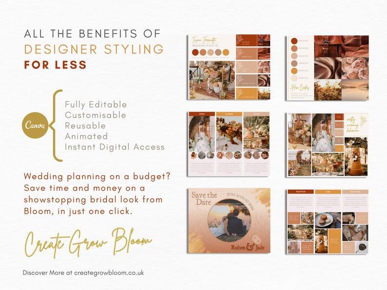 May include: A set of digital wedding planning templates in a warm color palette with a rustic theme. The templates include a color palette, save the date card, and wedding details. The text on the image reads "Create Grow Bloom" and "Discover More at creategrowbloom.co.uk".