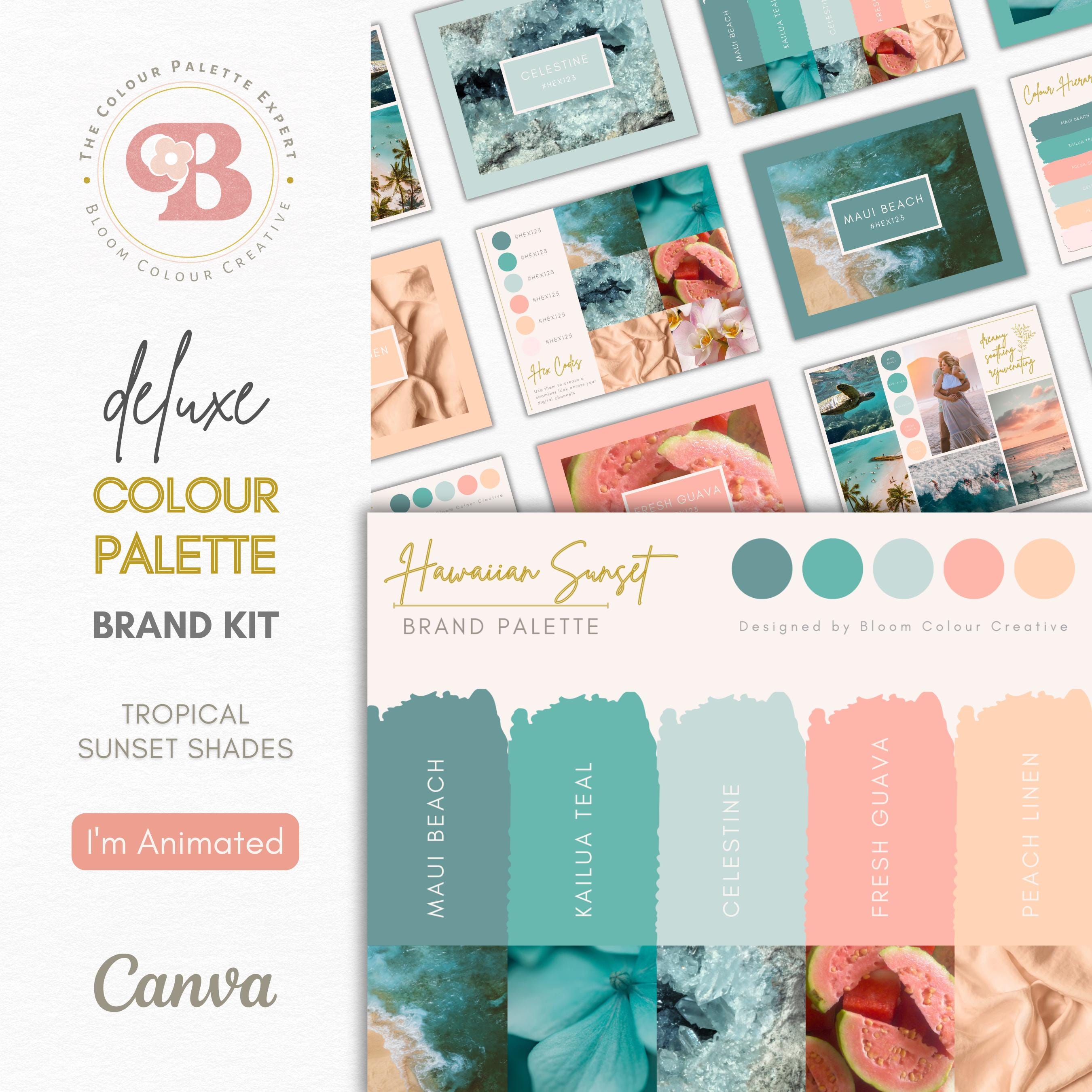 Paleta de colores Luxury Hawaiian Sunset con códigos hexadecimales | Kit de branding Premium para Canva
