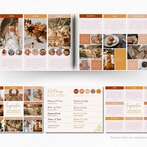 May include: A wedding inspiration guide with images of a bride, flowers, cake, and reception decor. The guide includes a font pairing section with different font names and a color palette section with different shades of brown.