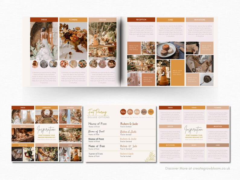 May include: A wedding inspiration guide with images of a bride, flowers, cake, and reception decor. The guide includes a font pairing section with different font names and a color palette section with different shades of brown.