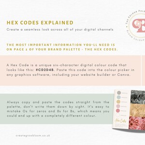 May include: A pink and green graphic with the text "HEX CODES EXPLAINED" and "Create a seamless look across all of your digital channels". The text "THE MOST IMPORTANT INFORMATION YOU'LL NEED IS ON PAGE 2 OF YOUR BRAND PALETTE - THE HEX CODES." is also included. The graphic also includes a logo with the text "THE COLOUR PALETTE EXPERT BLOOM COLOUR CREATIVE".