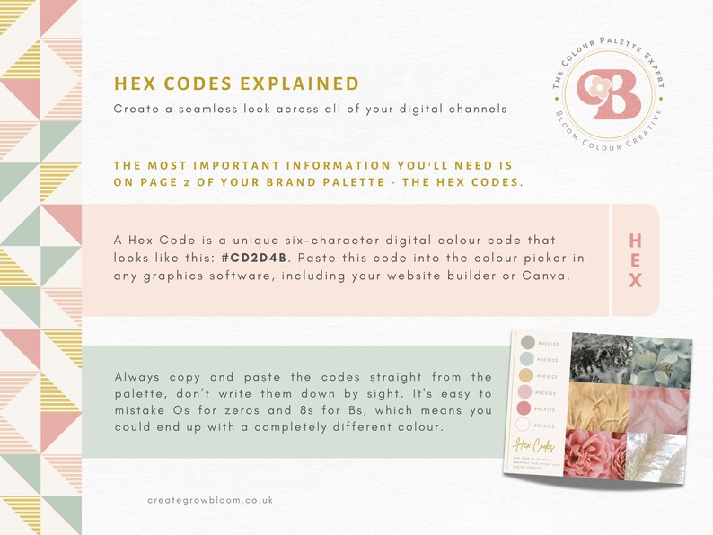 May include: A pink and green graphic with the text "HEX CODES EXPLAINED" and "Create a seamless look across all of your digital channels". The text "THE MOST IMPORTANT INFORMATION YOU'LL NEED IS ON PAGE 2 OF YOUR BRAND PALETTE - THE HEX CODES." is also included. The graphic also includes a logo with the text "THE COLOUR PALETTE EXPERT BLOOM COLOUR CREATIVE".