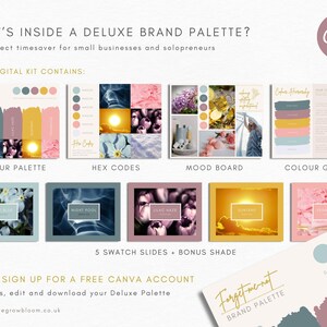 May include: A digital brand palette kit featuring a colour palette, hex codes, mood board, and colour guide. The kit includes five colour swatches and a bonus shade. The kit is designed for small businesses and solopreneurs.
