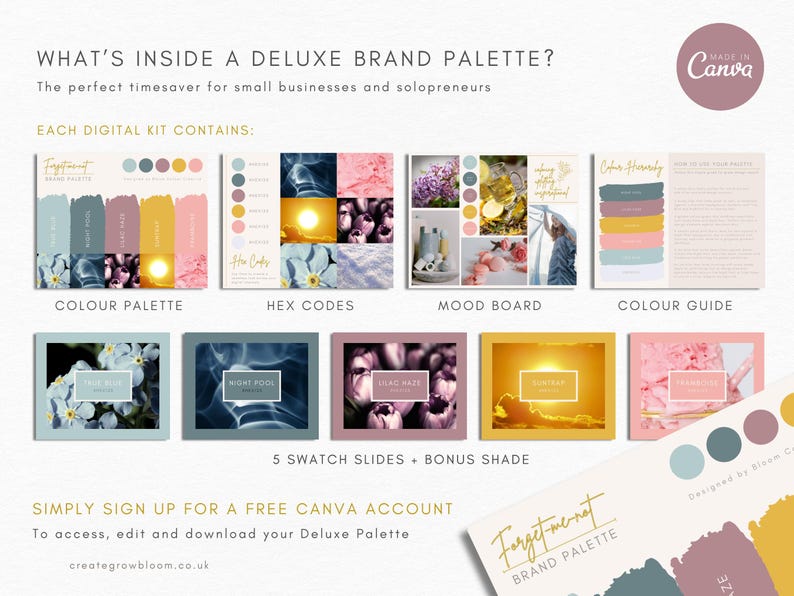 May include: A digital brand palette kit featuring a colour palette, hex codes, mood board, and colour guide. The kit includes five colour swatches and a bonus shade. The kit is designed for small businesses and solopreneurs.