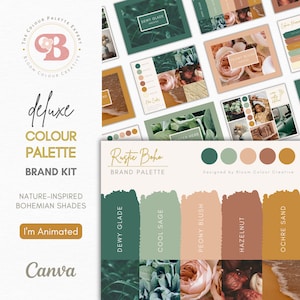 Puede incluir: Paleta de marca Rustic Boho con muestras de color en tonos de verde, melocotón, marrón y dorado. Los nombres de los colores son Dewy Glade, Cool Sage, Peony Blush, Hazelnut y Ochre Sand. El texto "Designed by Bloom Colour Creative" está en la parte inferior de la imagen.