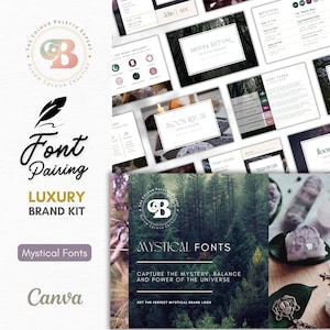 Puede incluir: Una colección de elementos de diseño para branding, incluyendo un logo, combinaciones de fuentes y mood boards. Se muestra el logo del experto en paletas de colores, junto con el texto "Font Pairing" y "Luxury Brand Kit". La imagen también incluye el texto "Mystical Fonts" y "Canva".