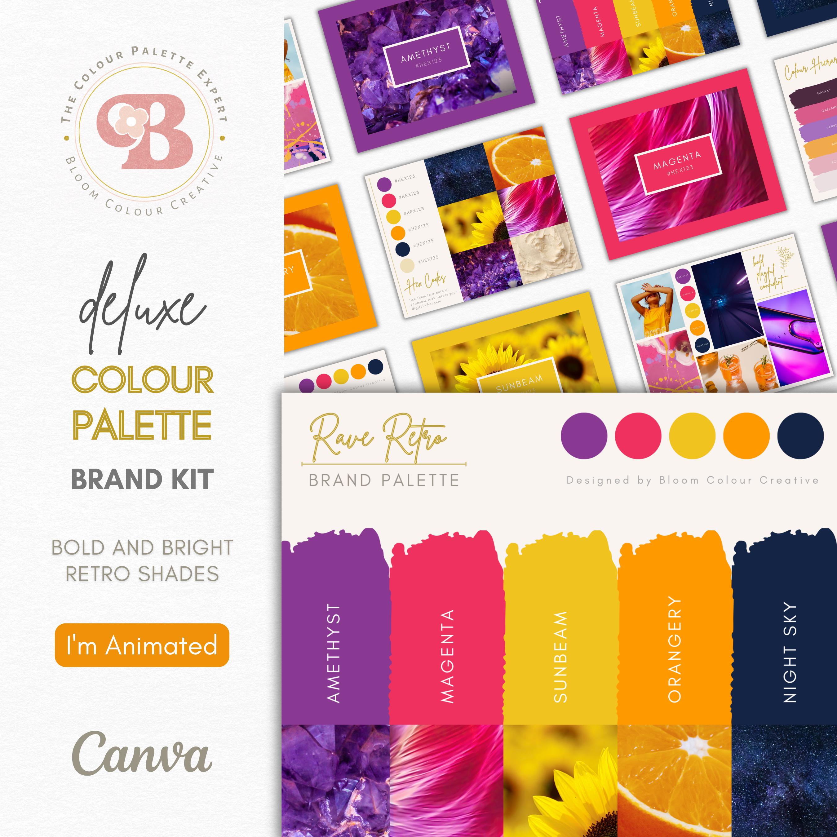 Kit de Paleta de Colores Retro de Lujo con códigos hex | Paleta de marca en Canva y Mood Board | Branding Rave de los 90 Premium