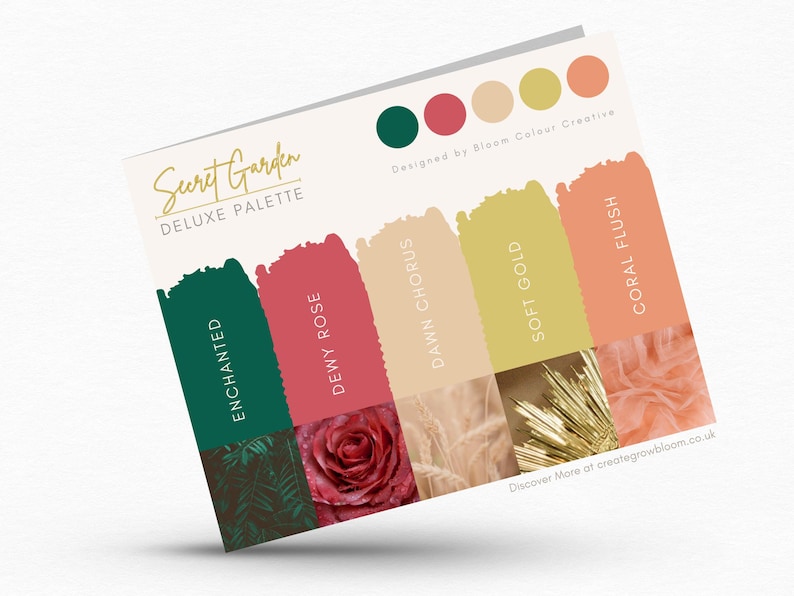 May include: A color palette card with the title "Secret Garden Deluxe Palette" and five color swatches labeled "Enchanted", "Dewy Rose", "Dawn Chorus", "Soft Gold", and "Coral Flush". The card is designed by Bloom Colour Creative.