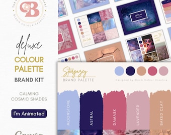 May include: A colour palette brand kit with the title "Stargazey" and the text "Designed by Bloom Colour Creative". The palette features five colours: Moonstone, Astral, Damask, Lavender, and Baked Clay. Each colour is represented by a painted swatch and a corresponding image.