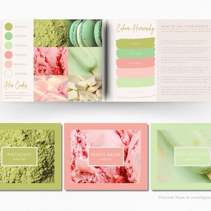 Puede incluir: Una paleta de colores con pistacho, melocot&oacute;n melba y matcha helado. La paleta se presenta con im&aacute;genes de polvo de pistacho, helado de melocot&oacute;n melba y una paleta de matcha helado. El texto "Hex Cafes" est&aacute; en la parte superior de la imagen.