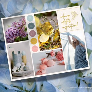 May include: A mood board with a calming, uplifting, and inspirational theme. The board features images of flowers, tea, macarons, and a woman in a flowing dress. The colour palette is soft and pastel, with shades of blue, pink, yellow, and green.