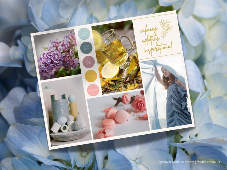 May include: A mood board with a calming, uplifting, and inspirational theme. The board features images of flowers, tea, macarons, and a woman in a flowing dress. The colour palette is soft and pastel, with shades of blue, pink, yellow, and green.