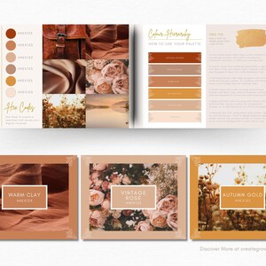 May include: A color palette guide with warm, earthy tones. The palette includes colors like warm clay, vintage rose, and autumn gold. The guide includes hex codes for each color and instructions on how to use the palette.
