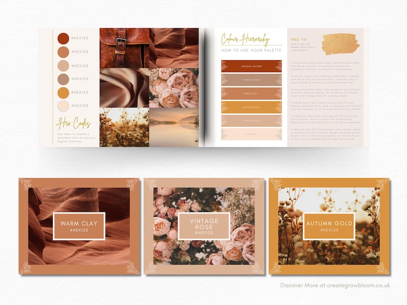 May include: A color palette guide with warm, earthy tones. The palette includes colors like warm clay, vintage rose, and autumn gold. The guide includes hex codes for each color and instructions on how to use the palette.