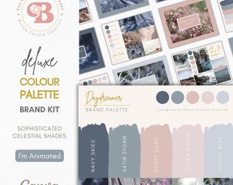 May include: A deluxe colour palette brand kit with the text "Daydreamer" and "Sophisticated Celestial Shades." The palette includes shades of navy, dusty lilac, and thistle blue. The image also includes the text "I'm Animated" and "Canva."