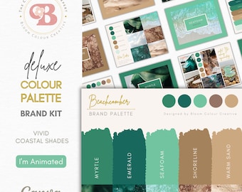 May include: A brand palette named "Beachcomber" featuring a green and brown colour scheme. The colours are labelled "Myrtle", "Emerald", "Seafoam", "Shoreline", and "Warm Sand". The palette was designed by Bloom Colour Creative.