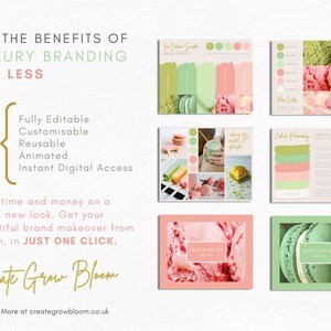 Puede incluir: Una plantilla de Canva para marcas de lujo con un esquema de color verde y rosa. La plantilla incluye una paleta de colores, un tablero de humor y un cuadro de texto con las palabras "Create Grow Bloom".