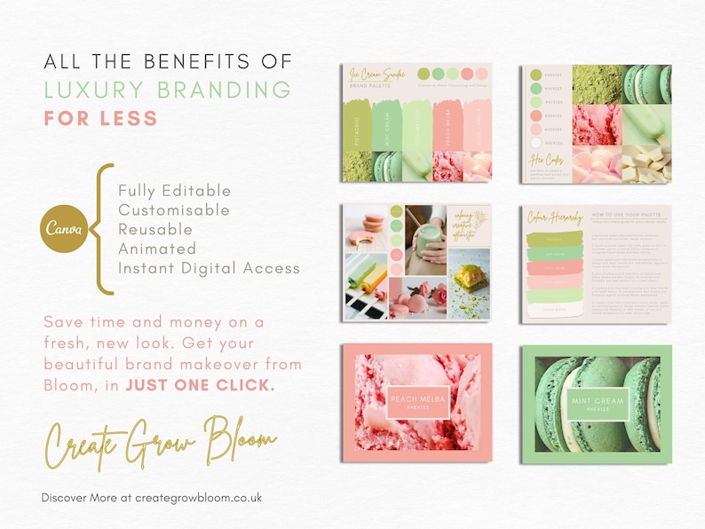 Puede incluir: Una plantilla de Canva para marcas de lujo con un esquema de color verde y rosa. La plantilla incluye una paleta de colores, un tablero de humor y un cuadro de texto con las palabras "Create Grow Bloom".