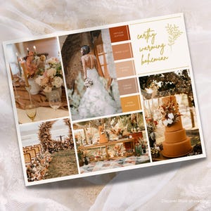 May include: A wedding inspiration board with a color palette of earthy, warm tones. The board features images of a bride in a white dress, a wedding ceremony arch, a wedding cake, and a table setting. The text "earthy warming bohemian" is written on the board.
