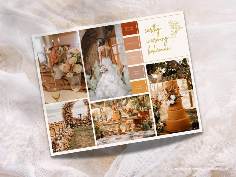 May include: A wedding inspiration board with a color palette of earthy, warm tones. The board features images of a bride in a white dress, a wedding ceremony arch, a wedding cake, and a table setting. The text "earthy warming bohemian" is written on the board.