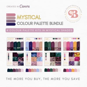 May include: A digital download of four colour palettes in a mystical theme. The palettes are named "Emberlit Frost", "Shimmery", "Twilight", and "Night Dream". Each palette features a variety of colours, including purple, pink, blue, green, and yellow. The palettes are presented in a digital format with a background image of a forest, a starry sky, a tropical scene, and a floral arrangement.