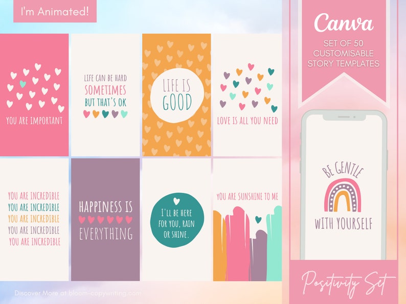 50 Positivity & Mental Health Story Templates Rainbow Customisable Canva Templates Inspirational Quotes Matching Template Bundle image 2