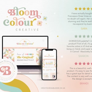 Op de afbeelding: Een laptop en een telefoon tonen een website voor Bloom Colour Creative, een bedrijf voor merkpaletkits. De website heeft een roze, gele en groene kleurschema en de tekst "home of The Original Brand Palette Kit".