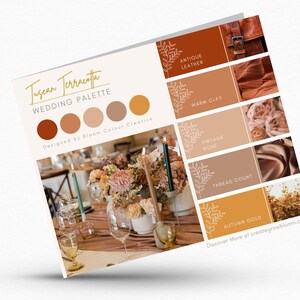 May include: Tuscan Terracotta Wedding Palette color chart with five color swatches. The colors are warm clay, antique leather, vintage rose, thread count, and autumn gold. The chart is designed by Bloom Colour Creative.