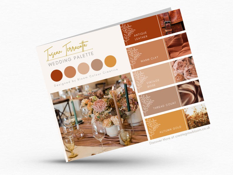 May include: Tuscan Terracotta Wedding Palette color chart with five color swatches. The colors are warm clay, antique leather, vintage rose, thread count, and autumn gold. The chart is designed by Bloom Colour Creative.