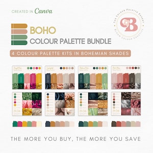 May include: A digital product bundle featuring four color palettes inspired by bohemian style. Each palette includes a variety of colors, textures, and patterns, perfect for creating a cohesive and stylish look. The palettes are presented in a digital format, making them easy to use and share.