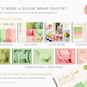 Puede incluir: Un kit de paleta de marca digital para un negocio llamado "Ice Cream Sundae" con un esquema de color verde y rosa. El kit incluye una paleta de colores, c&oacute;digos hexadecimales, un tablero de estado de &aacute;nimo y una gu&iacute;a de colores.