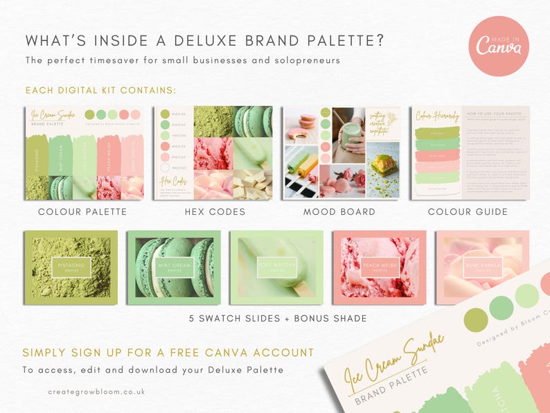 Puede incluir: Un kit de paleta de marca digital para un negocio llamado "Ice Cream Sundae" con un esquema de color verde y rosa. El kit incluye una paleta de colores, c&oacute;digos hexadecimales, un tablero de estado de &aacute;nimo y una gu&iacute;a de colores.