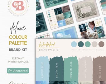 Könnte beinhalten: Ein Marken-Farbpalette-Kit mit dem Titel "Wonderland" und den Farben Arktisches Blau, Rauchiges Teal, Gefrorener See, Winterholz und Nerzfell. Das Kit wurde von Bloom Colour Creative entworfen.