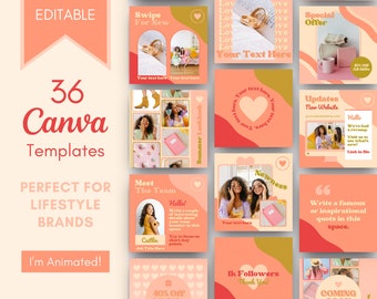 36 Sixties Retro Pink Canva Templates | Colourful Customisable Instagram Templates | Small Business Template Bundle | Editable in Canva