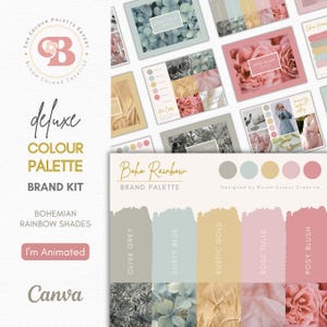 Pode incluir: Uma paleta de cores para uma marca com tema boho chamada "Boho Rainbow". A paleta apresenta cinco cores: cinza oliva, azul poeirento, ouro rústico, tule rosa e blush rosa. As cores são exibidas em uma linha com uma amostra de cada cor e o nome da cor abaixo. O nome da marca "Boho Rainbow" está escrito em uma fonte de escrita no topo da paleta.