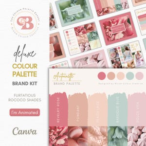 May include: A brand palette named Antoinette, showcasing a colour scheme of pink, peach, and blue. The palette features five colours: Revelry Rose, Fondant, Peach Lace, Baroque Blue, and Dolce Vita. The colours are presented in a grid with a sample of each colour and a description of the colour.