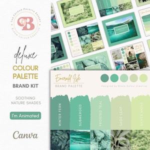 May include: A brand kit for a company called "Emerald Isle" featuring a color palette of green shades. The color palette is named "Soothing Nature Shades" and includes the colors "Winter Fern", "Submerged", "Frosted Teal", "Sage Leaf", and "Silver Moss".