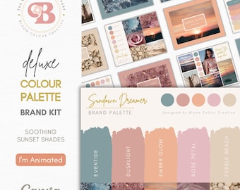 Może przedstawiać: Zestaw palet kolorów marki z tytułem "Sundown Dreamer" i sloganem "Soothing Sunset Shades". Paleta kolorów zawiera pięć kolorów: "Eventide", "Dusklight", "Ember Glow", "Rose Petal" i "Pebble Beach".