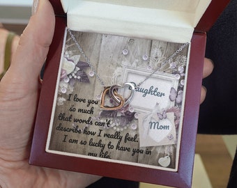 Daughter and Mom, gift for Mother, Mothers day, Birthday, Every day gift, Necklace message card and box Love your Mom,