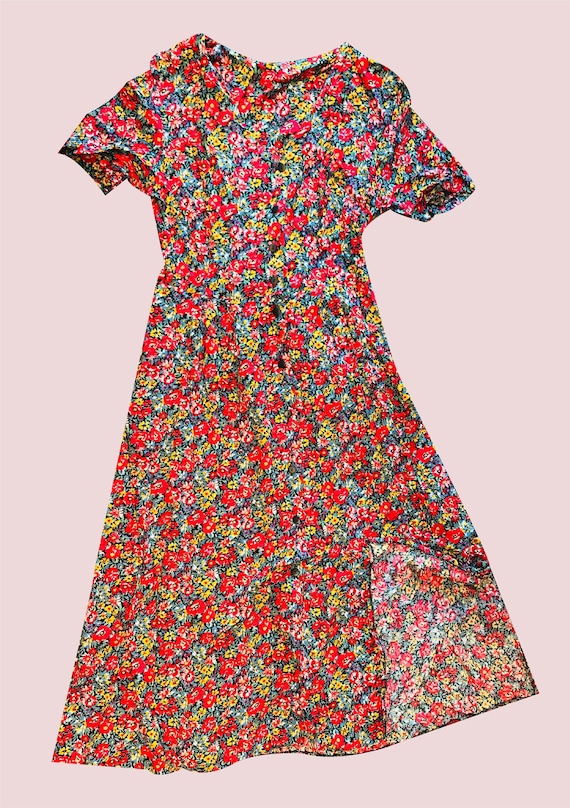 Vintage Red Floral Midi Length Button Through Dres