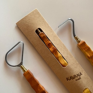 Handmade Pottery Trimming Tools – Wild Cherry Wood Sculptural Set | Artisan Loop & Carving Blades Tungsten Carbide blade for Precision Work
