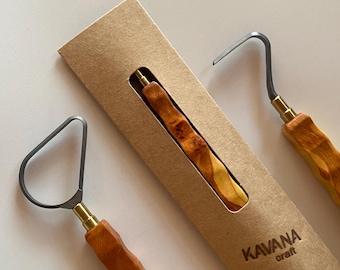 Handmade Pottery Trimming Tool Set of 2 - Wild Cherry Wood & Tungsten Carbide Blades For Potters