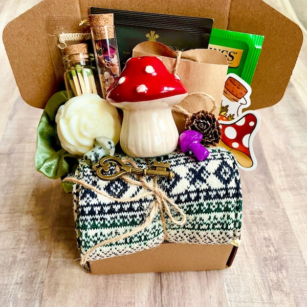 Mushroom Cottagecore Care Package, Cozy Tea Gift Box,Stickers,Pinecones,Botanical Sachets,Cozy Aesthetic Gift for Birthday gift for friend