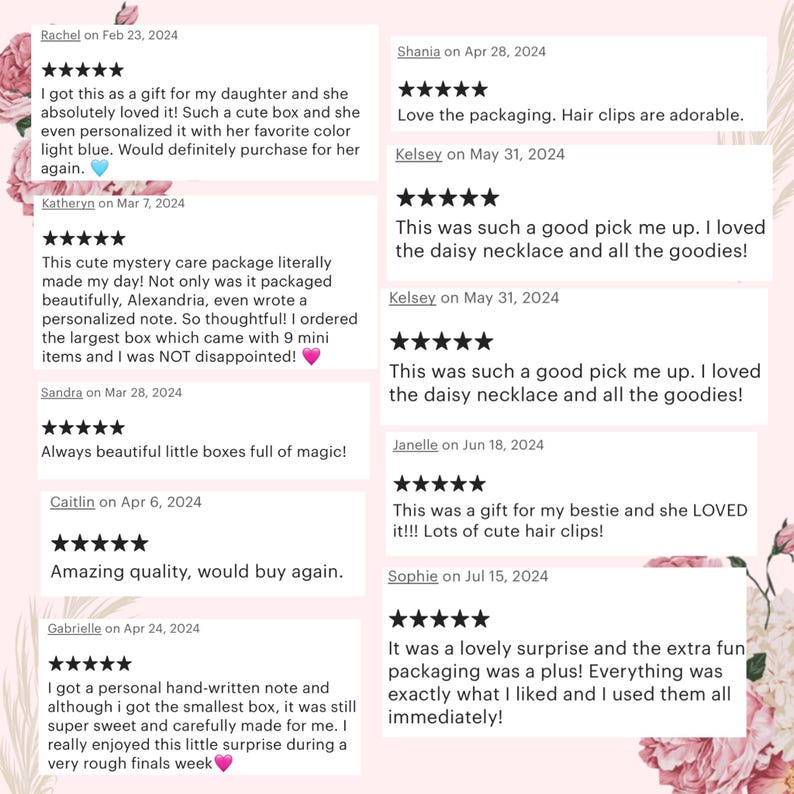 Op de afbeelding: Een collage van klantbeoordelingen met vijfsterrenbeoordelingen. De beoordelingen vermelden cadeauverpakkingen, gepersonaliseerde notities en schattige items. De beoordelingen zijn van verschillende data in 2024, met opmerkingen over kwaliteit en verpakking.