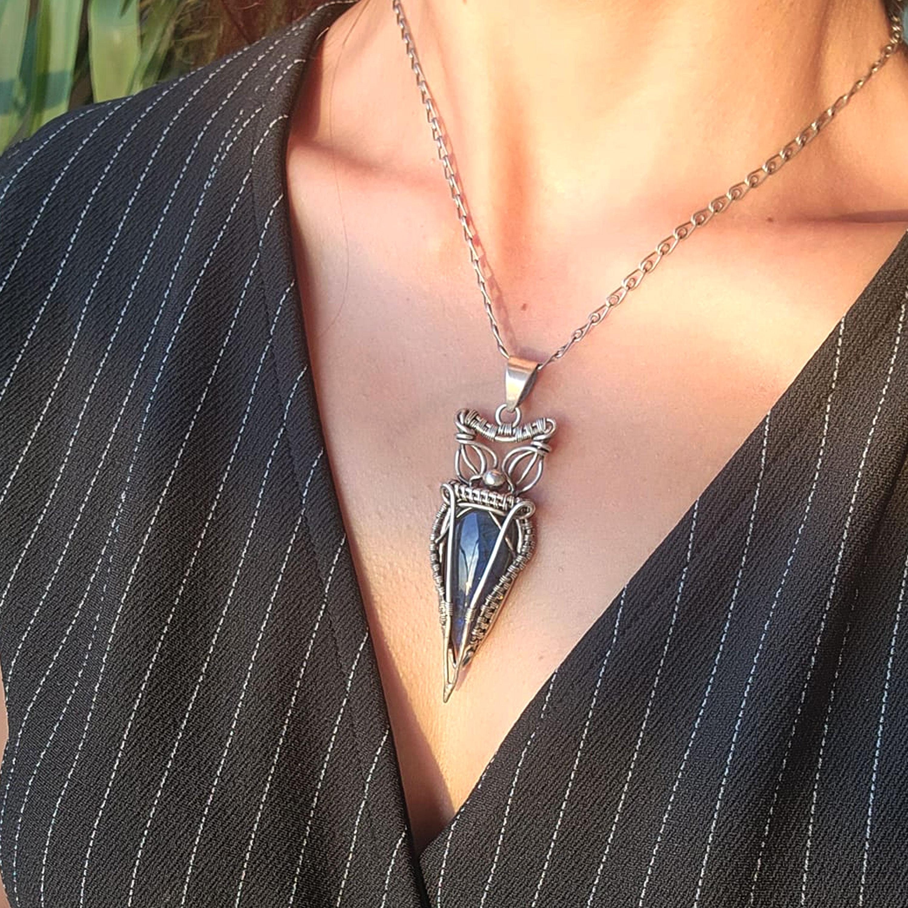 Handmade Silver Owl Pendant Necklace with Labradorite , Boho Animal Jewelry ,Unique Gift for Women ,