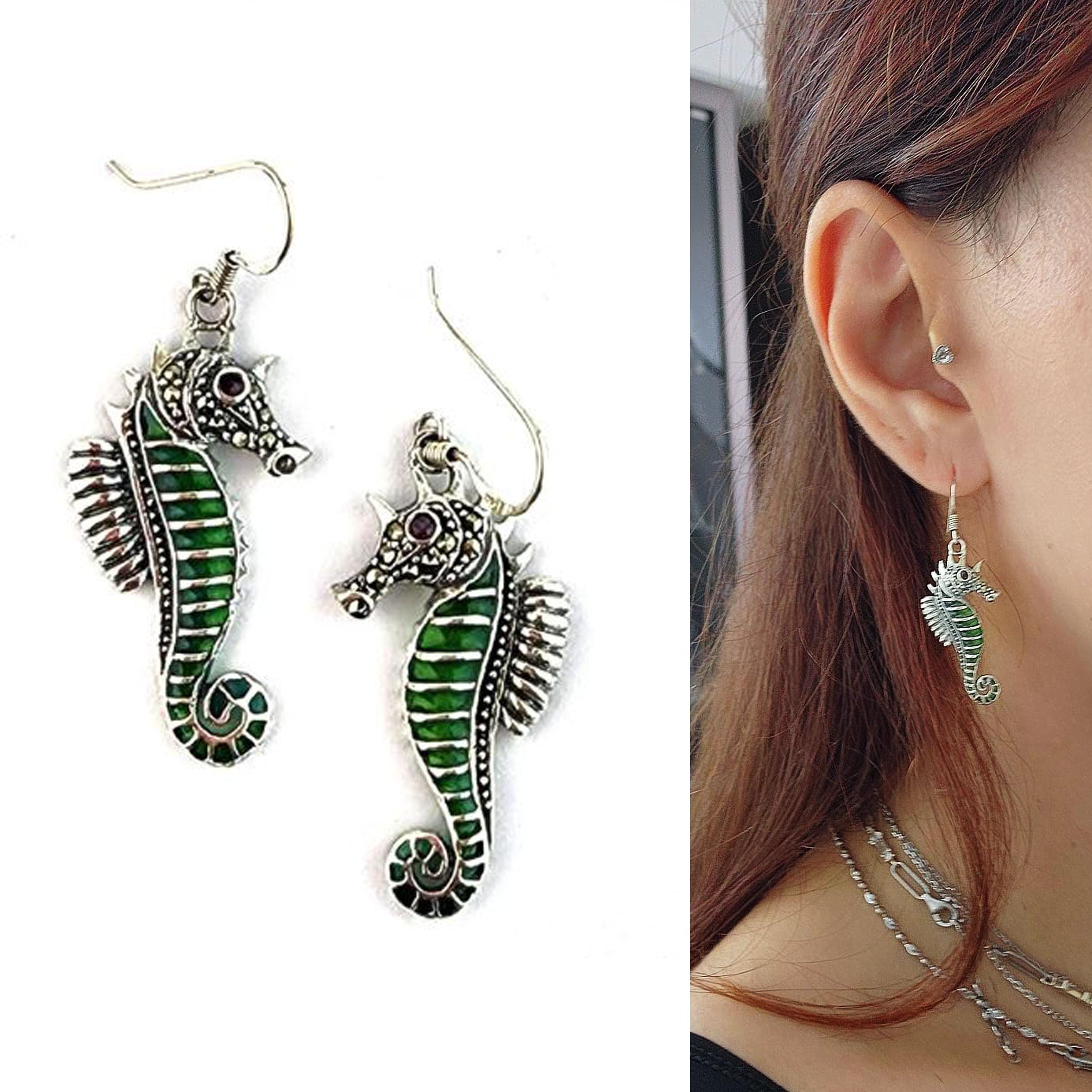 Orecchini A Cavalluccio Marino In Argento Sterling 925 Con Pietra Di Luna - Gioielli Donna Oceano (Blu/Nero/Arancione)