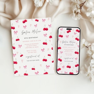 Op de afbeelding: Een verjaardagsuitnodiging en een smartphonescherm, beide met een witte achtergrond met een patroon van rode kersen, roze strikken en harten. De uitnodiging luidt "Sofia Miler 8th Birthday" met evenementdetails en "Registered at The Pottery Barn."