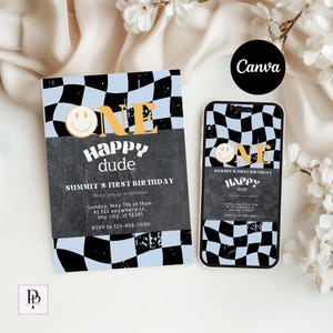 ONE HAPPY DUDE boy 1st Birthday, Retro Cool Boy Photo 1st Birthday Invite, digital canva editable invitation, Baby Blue Smiley Face evite